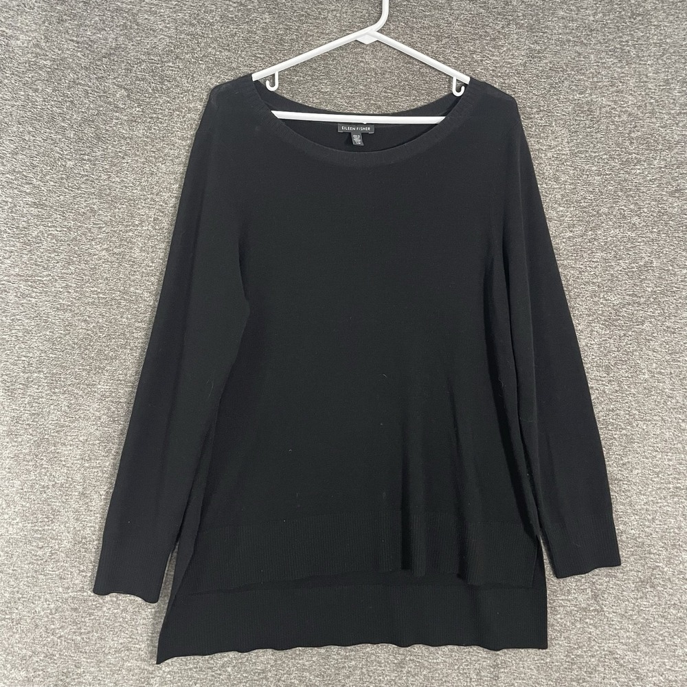 Eileen Fisher Sweater Womens Large Black 100% Merino Wool Boat Neck Tunic Knit